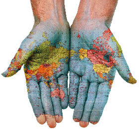Government: Pair of Open Hands Painted with Map of the World
